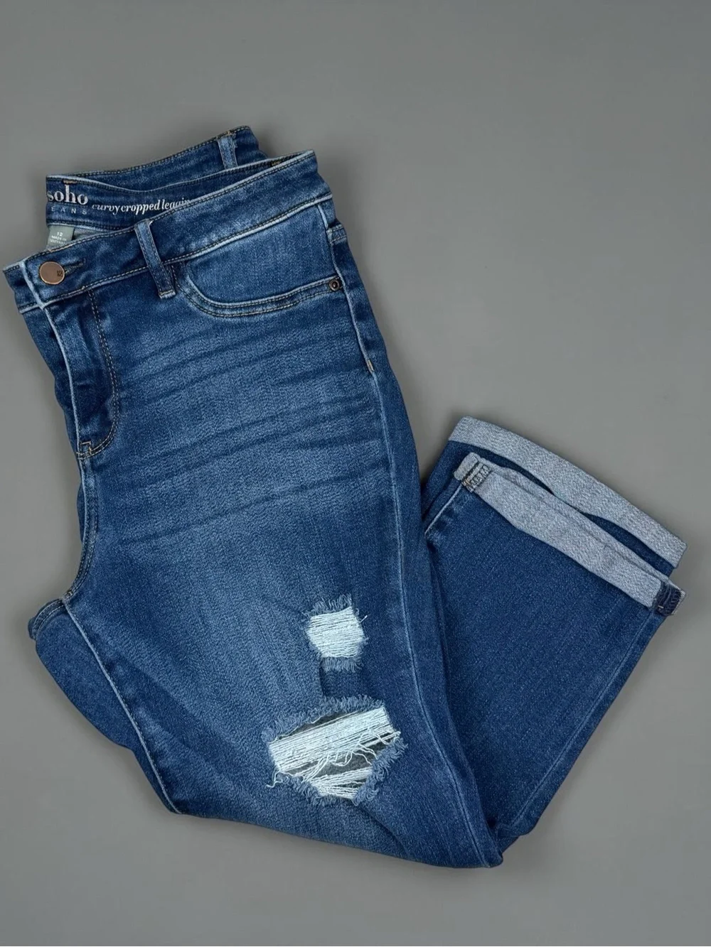 SOHO New York & Company Curvy Cropped Jeans Size 12 Distressed Stretch Denim